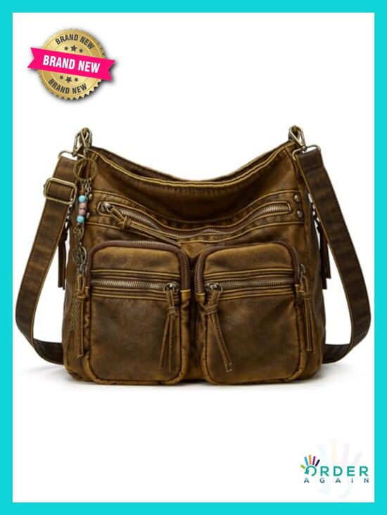 Handbags - Large Soft Washed Vegan Leather Crossbody Hobo Tote Shoulder Bag